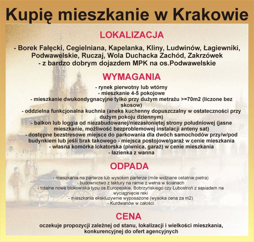 Ogloszenie - Kupie mieszkanie - Borek Facki, Cegielniana, Kapelanka, Kliny, Ludwinw, agiewniki, Podwawelskie, Ruczaj, Wola Duchacka Zachd, Zakrzwek